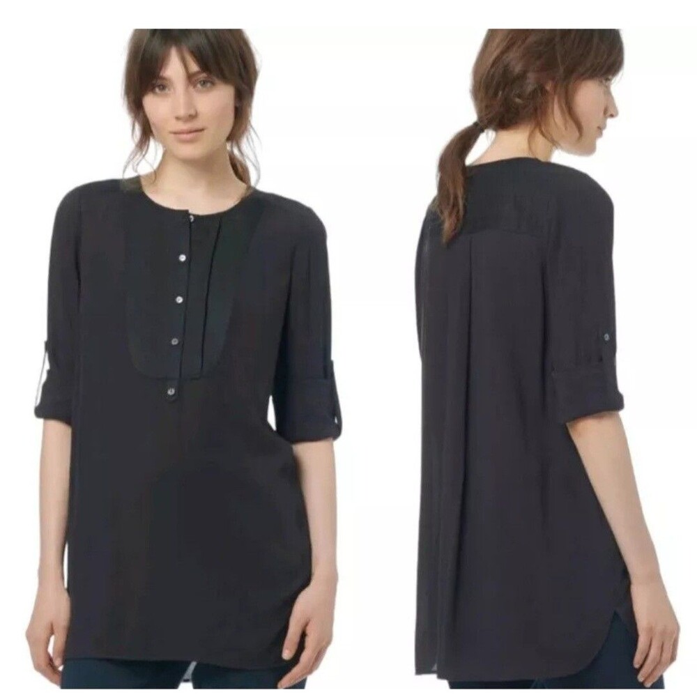 Vince Womans Crinkle Gauze Black Tunic Top XS Tuxedo Bib Front Roll Tab Sleeve